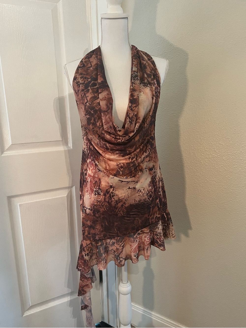 AKIRA Brown & Cream Watercolor Cowl Halter Mini Dress